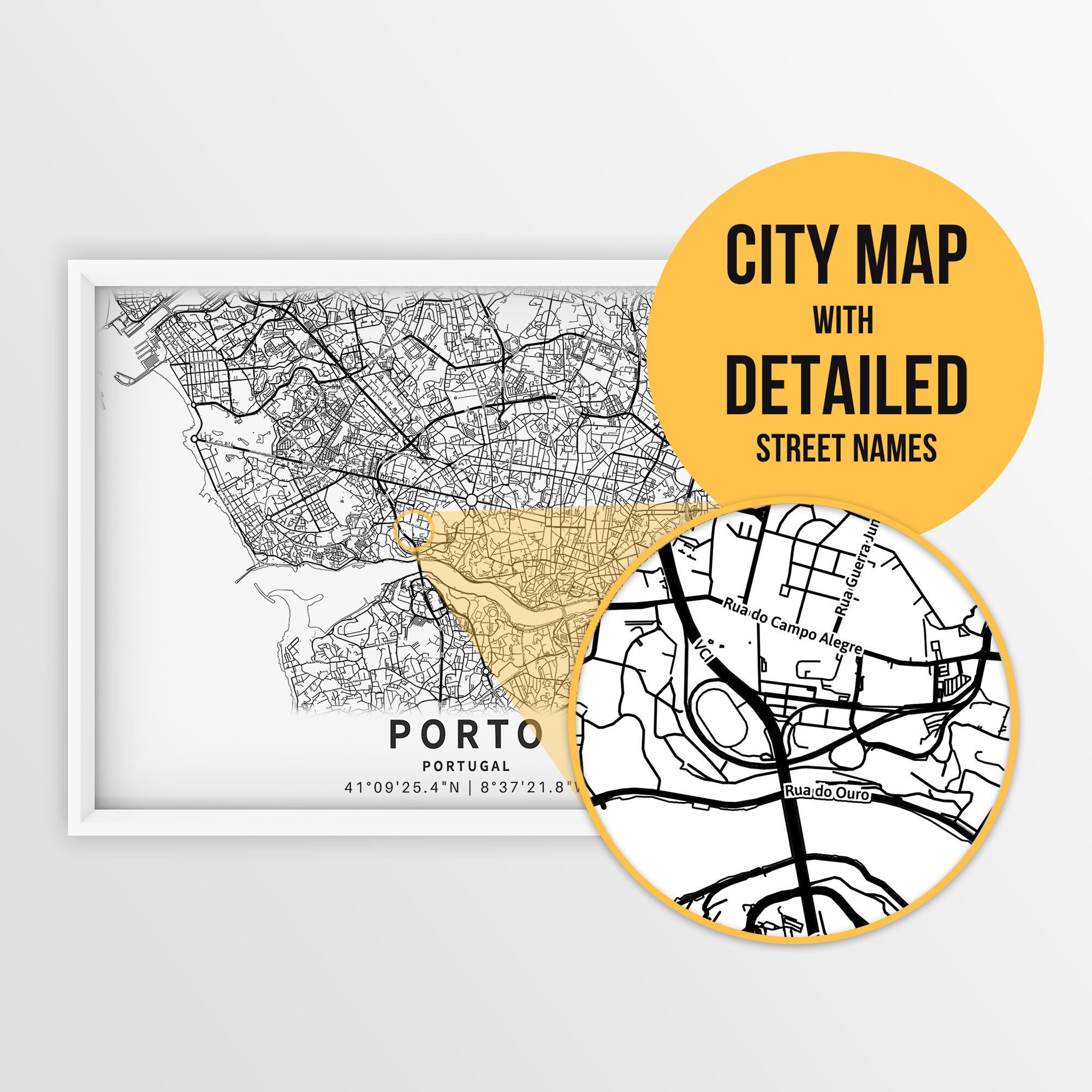 Printable Map of Porto, Portugal with Street Names - Instant Download \ City Map \ Travel Gift \ City Poster \ Road Map Print \ Street Map
