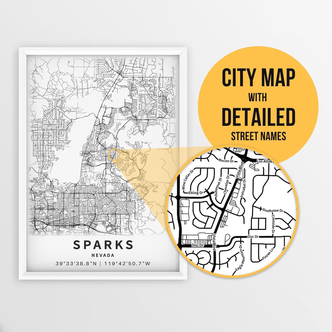 Printable Map of Sparks, Nevada, USA With Street Names Instant Download City Map Travel Gift