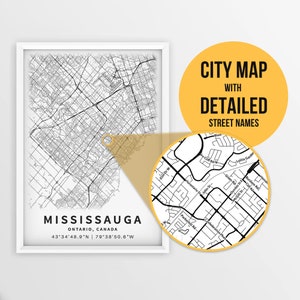 Mapa imprimible de Mississauga, Ontario, Canadá con nombres de calles - Descarga instantánea \ Mapa de la ciudad \ Regalo de viaje \ Cartel de la ciudad \ Impresión de hoja de ruta