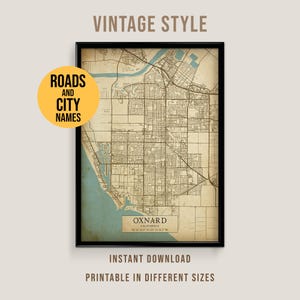 Mapa Oxnard w Kalifornii w stylu vintage, plakat z miastem Oxnard do druku (do pobrania natychmiast)
