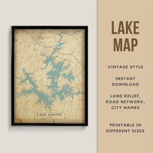 Carte de style vintage du lac Martin, Alabama, États-Unis avec les noms de villes - téléchargement immédiat \ carte du lac \ art mural \ affiche imprimable \ carte rustique