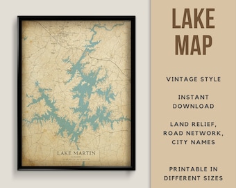 Vintage Style Map of Lake Martin, Alabama, USA with City names - Instant Download \ Lake Map \ Wall Art \ Printable Poster \ Rustic Map