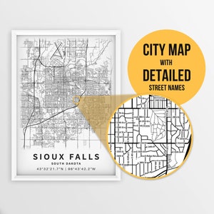 Printable Map of Sioux Falls, South Dakota, USA with Street Names - Instant Download \ City Map \ Travel Gift \ City Poster \ Road Map Print