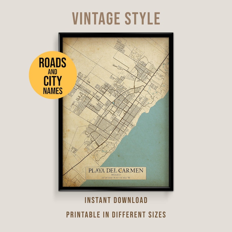 Mapa vintage de Playa del Carmen, México, póster imprimible de la Riviera Maya (descarga instantánea) imagen 1