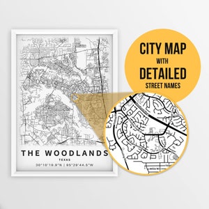 Mapa para impressão de The Woodlands, Texas, EUA com nomes de ruas - Download instantâneo \ Mapa da cidade \ Presente de viagem \ Cartaz da cidade \ Impressão de mapa de estradas