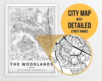 Printable Map of The Woodlands, Texas, USA with Street Names - Instant Download \ City Map \ Travel Gift \ City Poster \ Road Map Print