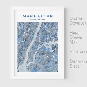 Druckbare Aquarell Karte von Manhattan, New York City, USA - Sofort Download \ Stadtplan \ Wandkunst \ Handgezeichnet