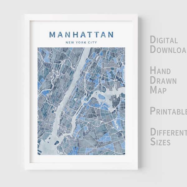 Printable Watercolor Map of Manhattan, New York City, United States - Instant Download \ City Map \ Wall Art \ Hand Drawn