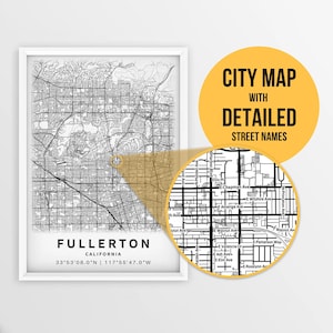 Druckbare Karte von Fullerton, Kalifornien, USA mit Straßennamen - Sofort Download \ City Map \ Travel Gift \ City Poster \ Road Map Print