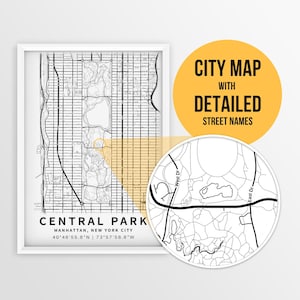 Mapa imprimível do Central Park, Nova York, EUA com nomes de ruas - Download instantâneo \ Mapa da cidade \ Presente de viagem \ Pôster da cidade \ Impressão de mapa