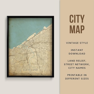 Mapa de estilo vintage imprimible de Cleveland, Ohio, EE. UU. - Descarga instantánea \ Mapa de calles \ Cartel del mapa \ Estilo antiguo \ Impresión de mapas \ Mapa de Cleveland