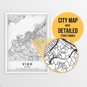 Carte imprimable de Vigo, Espagne avec noms de rues - Téléchargement instantané \ Plan de la ville \ Cadeau de voyage \ Affiche de la ville \ Impression de carte routière \ Plan de rue