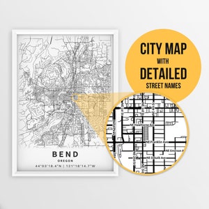 Afdrukbare kaart van Bend, Oregon, VS met straatnamen - Instant Download \ Stadsplattegrond \ Reiscadeau \ Stadsposter \ Routekaart afdrukken \ Muurkunst