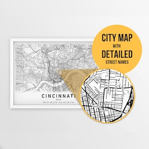 Afdrukbare kaart Cincinnati, Ohio, VS met straatnamen - Instant Download \ Stadsplattegrond \ Reiscadeau \ Stadsposter \ Routekaart afdrukken \ Cincy Art