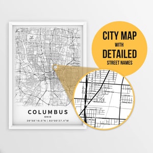 Mapa para impressão de Columbus, Ohio, EUA com nomes de ruas - download instantâneo \ Mapa da cidade \ Presente de viagem \ Cartaz da cidade \ Impressão de mapa de estradas \ Arte de parede de mapa