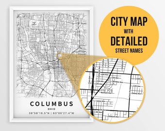 Printable Map Columbus, Ohio USA with Street Names - Instant Download \ City Map \ Travel Gift \ City Poster \ Road Map Print \ Map Wall Art