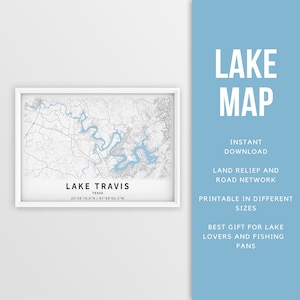 Mapa imprimible del lago Travis, Texas, EE. UU. - Descarga instantánea \ Mapa del lago \ Cartel del mapa \ Decoración de la casa del lago \ LakeLife \ Pesca \ Paseos en bote