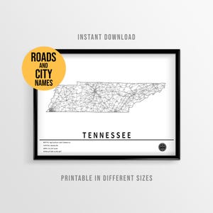 Tennessee Map Poster, USA Straßenkarte zum ausdrucken, mit Städtenamen (Instant Download)