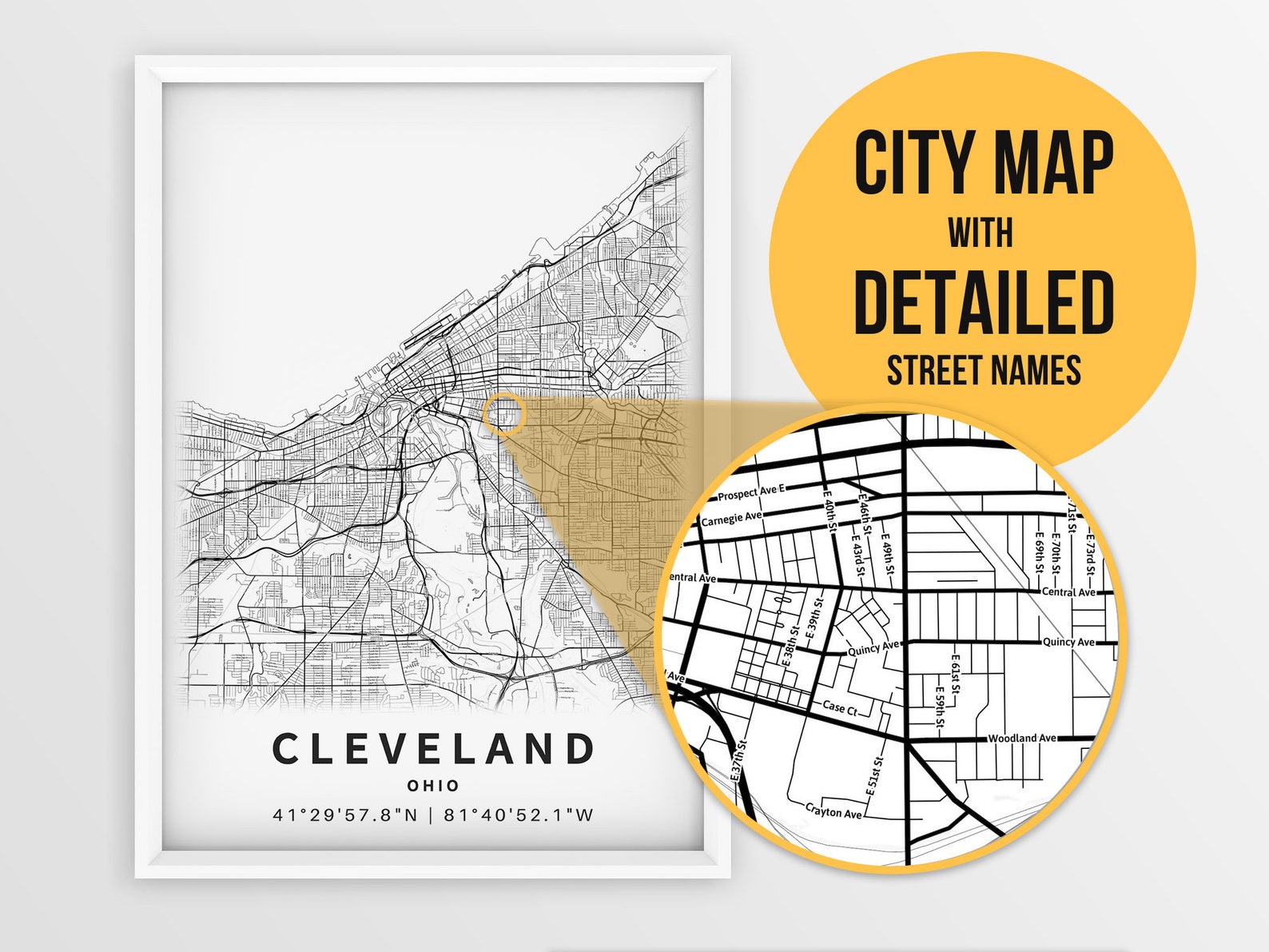 Printable Map Cleveland OH Ohio USA With Street Names - Etsy