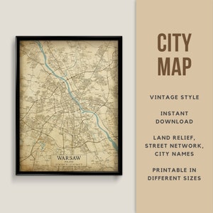 Printable Vintage Style Map of Warsaw, Poland - Instant Download \ Street Map \ Map Poster \ Antique Style \ Map Print \ Poland Gift