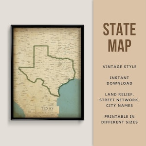 Plakat z mapą Texas Printable Vintage Style - Natychmiastowe pobranie, Mapa drogowa, Plakat Texas, Mapa Texas w stylu antycznym, Houston, Austin, Dallas