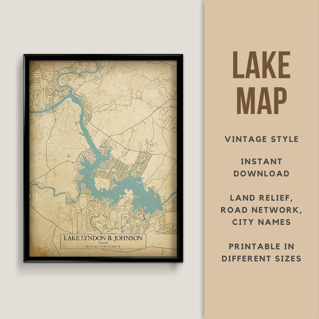 Vintage Style Map Of Lake LBJ Texas USA With City Names Instant Il Msas 