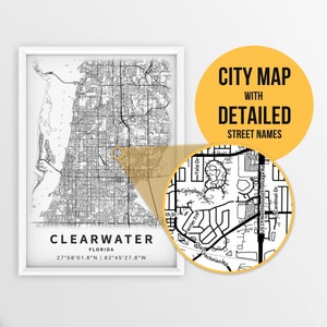 Druckbare Karte von Clearwater, Florida, USA mit Straßennamen - sofortiger Download ~ Karte ~ ~ Strassenkarte ~ Strassenkarte