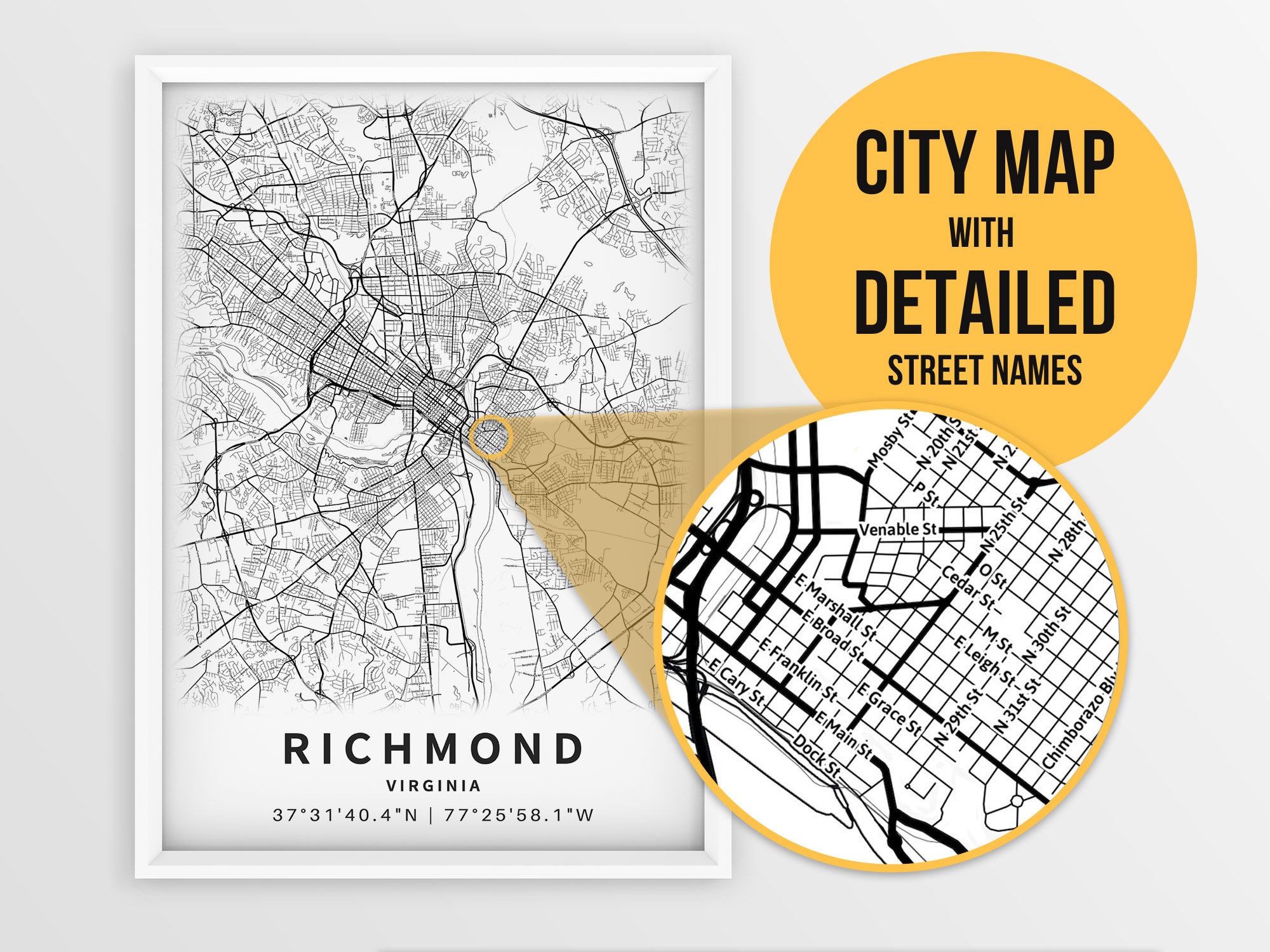 Printable Map of Richmond VA Virginia United States with | Etsy