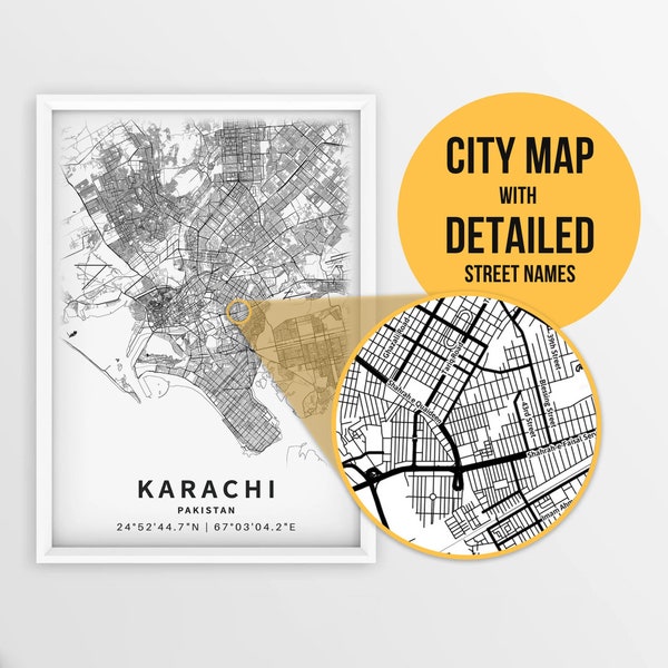 Printable Map of Karachi, Pakistan with Street Names - Instant Download \ City Map \ Travel Gift \ City Poster \ Road Map Print \ Wall Art