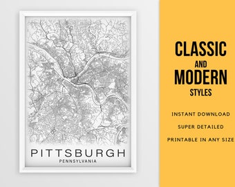Pittsburgh PA map print, Pennsylvania USA city map - Instant Download \ Street Map \ Wall Art \ Printable Poster