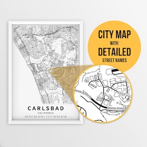 Mapa para impressão de Carlsbad, Califórnia, EUA com nomes de ruas - download instantâneo \ Mapa da cidade \ Presente de viagem \ Cartaz da cidade \ Impressão de mapa de estradas