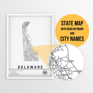 Druckbare Karte von Delaware mit Städtenamen und Straßen - Sofortiger Download \ Road Map \ Geschenk Poster \ Push Pin Karte \ Travel Planner \ Map Print