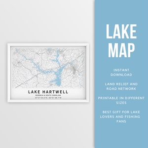 Mappa stampabile del lago Hartwell, Georgia e Carolina del Sud - Download istantaneo \ Poster della mappa \ Lake House Decor \ LakeLife \ Pesca \ Canottaggio