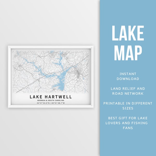 Printable Map of Lake Hartwell, Georgia and South Carolina - Instant Download \ Map Poster \ Lake House Decor \ LakeLife \ Fishing \ Boating