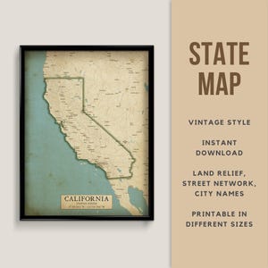California Printable Vintage Style Map poster - Instant Download, Road Map, California Poster, California Antique Style map, Los Angeles map