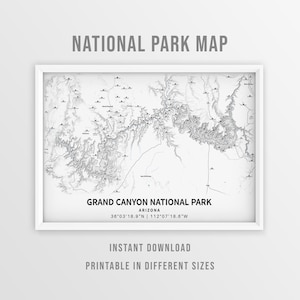 Carte imprimable du Parc National du Grand Canyon, affiche de topographie de l'Arizona - téléchargement immédiat \ impression de carte \ affiche de carte \ carte du Grand Canyon \ randonnée
