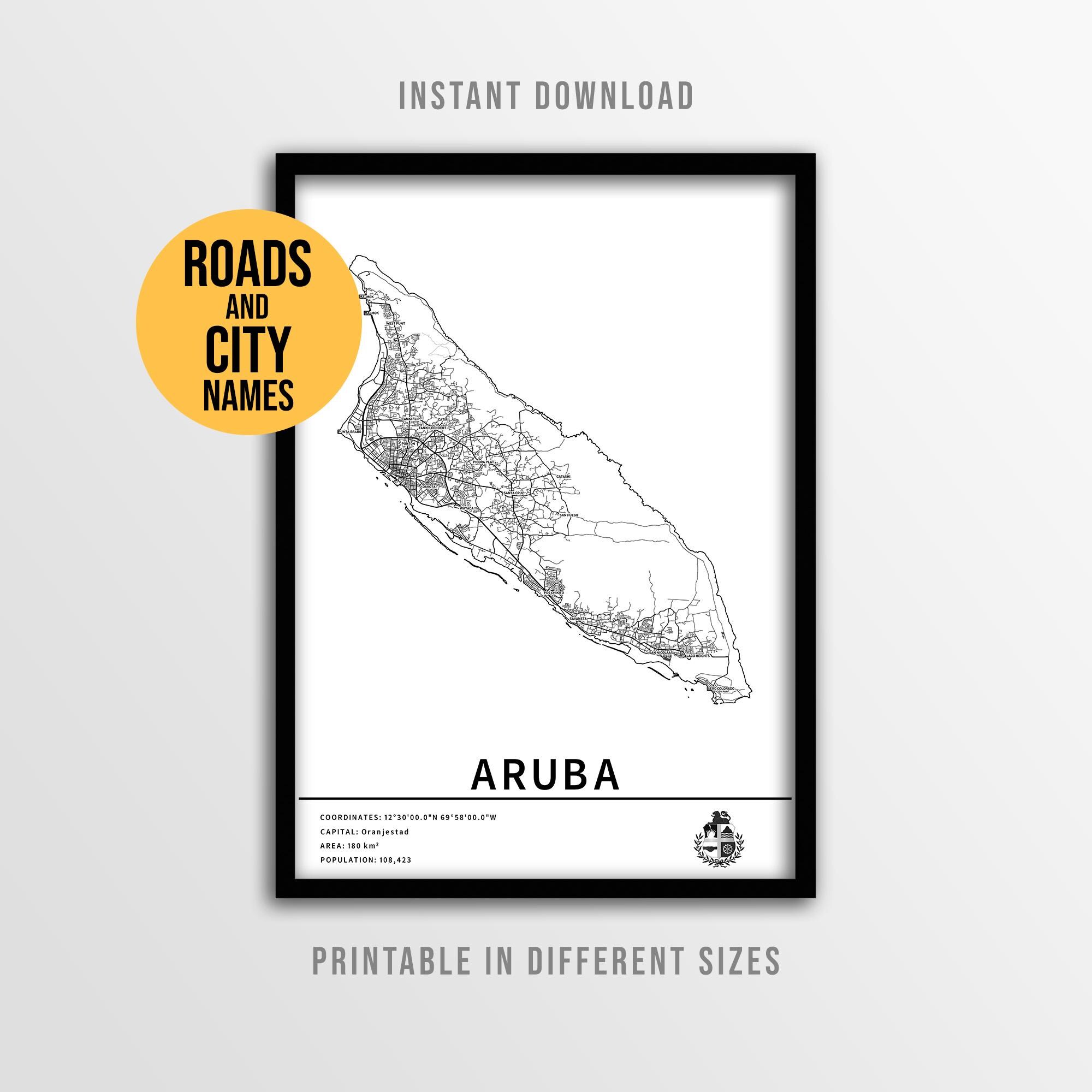 Aruba Map Poster, Printable Caribbean Road Map With City Names (instant ...