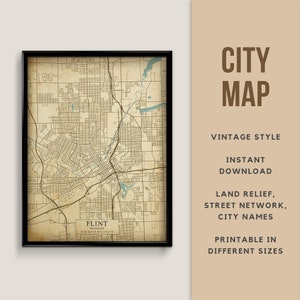 Vintage Stil Karte von Flint,Michigan, USA Sofort Download Photo Karte Photo Karte Photo Karte Bild 1