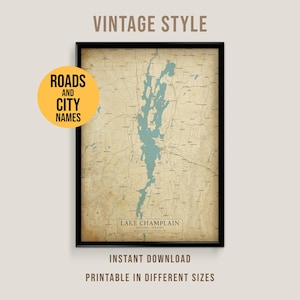 Lake Champlain Vintage Style Map, Printable New York Lake Poster (Instant Download)