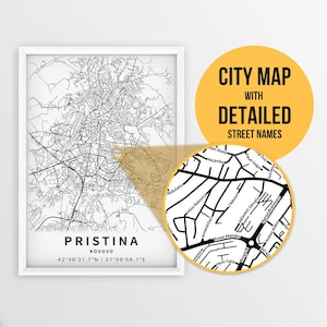 Druckbare Karte von Pristina, Kosova mit Straßennamen - Sofort Download \ City Map \ Travel Gift \ City Poster \ Road Map Print \ Street Map