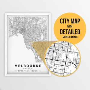 Mapa para impressão de Melbourne, Victoria, Austrália com nomes de ruas - Download instantâneo \ Mapa da cidade \ Presente de viagem \ Cartaz da cidade \ Impressão de mapa de estradas