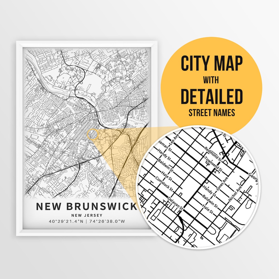 Printable Map of New Brunswick, New Jersey, USA With Street Names ...