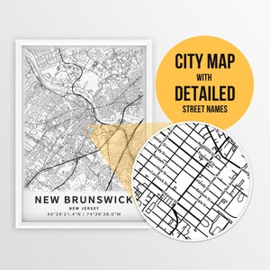 Druckbare Karte von New Brunswick, New Jersey, USA mit Straßennamen - Sofortiger Download \ Stadtplan \ Reisegeschenk \ Stadtposter \ Universitätskarte