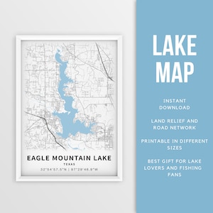 Mapa imprimible de Eagle Mountain Lake, Texas, EE. UU. - Descarga instantánea \ Mapa del lago \ Cartel del mapa \ Decoración de la casa del lago \ LakeLife \ Pesca \ Paseos en bote
