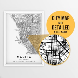 Mapa para impressão de Manila, Filipinas com nomes de ruas - Download instantâneo \ Mapa da cidade \ Presente de viagem \ Cartaz da cidade \ Impressão de mapa de estradas \ Arte do mapa