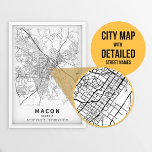 Mapa para impressão de Macon, Geórgia, EUA com nomes de ruas - download instantâneo \ Mapa da cidade \ Presente de viagem \ Cartaz da cidade \ Impressão de mapa de estradas \ Arte de parede