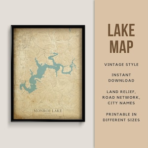 Printable Vintage Style Map of Lake Monroe, Indiana, USA with City names - Instant Download \ Lake Map \ Wall Art \ Lake Poster \ Map Print