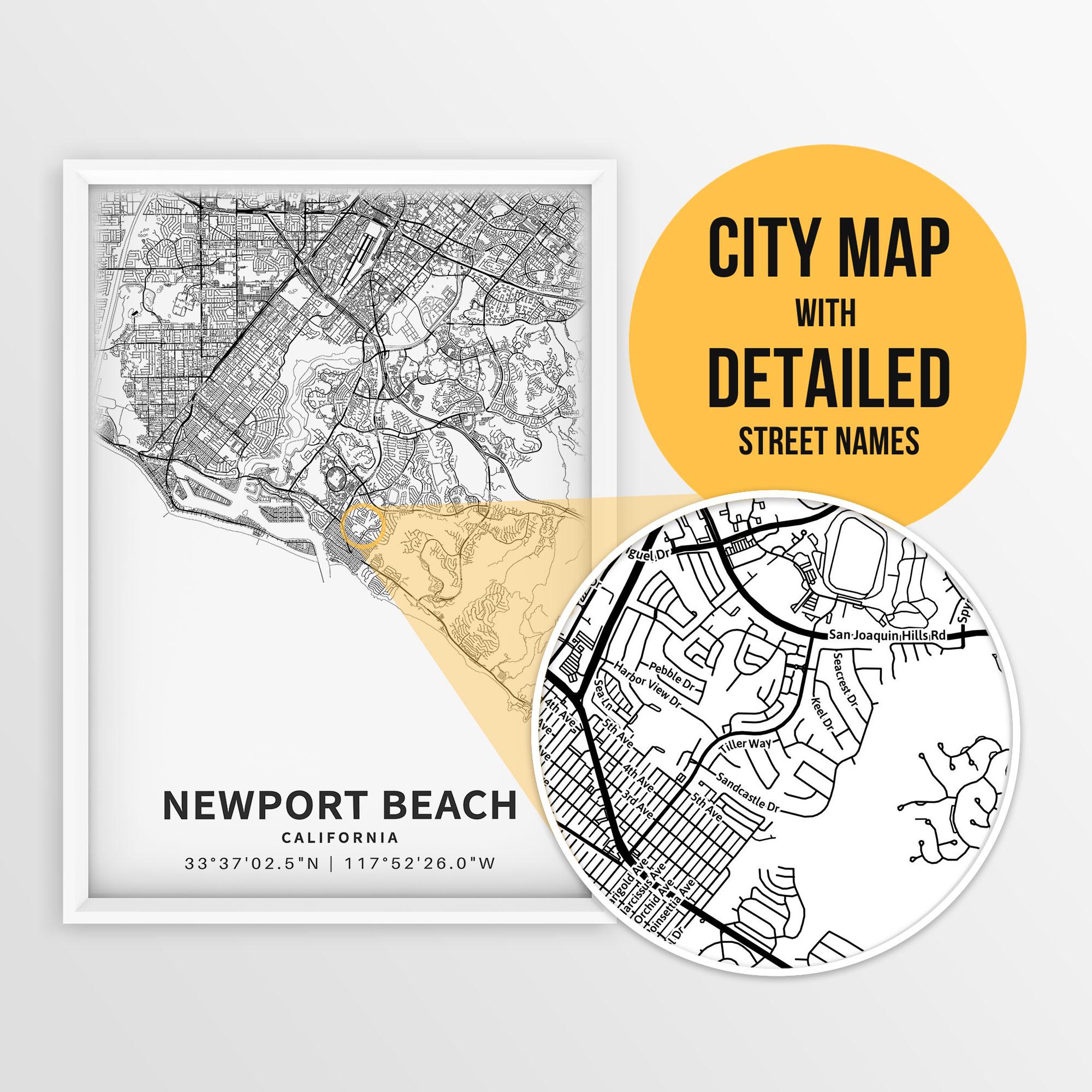Printable Map of Newport Beach, California, USA with Street Names - Instant Download \ City Map \ Travel Gift \ City Poster \ Road Map Print