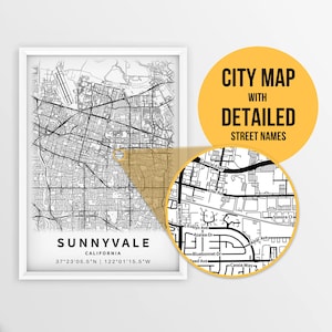 Sunnyvale, Kalifornien, USA Stadtplan mit Straßennamen - sofortiger Download ~ Stadt Karte ~ Stadt Poster ~ Strassen Karte Print