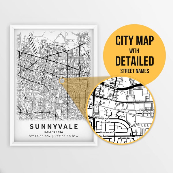 Printable Map of Sunnyvale, California, USA with Street Names - Instant Download \ City Map \ Travel Gift \ City Poster \ Road Map Print